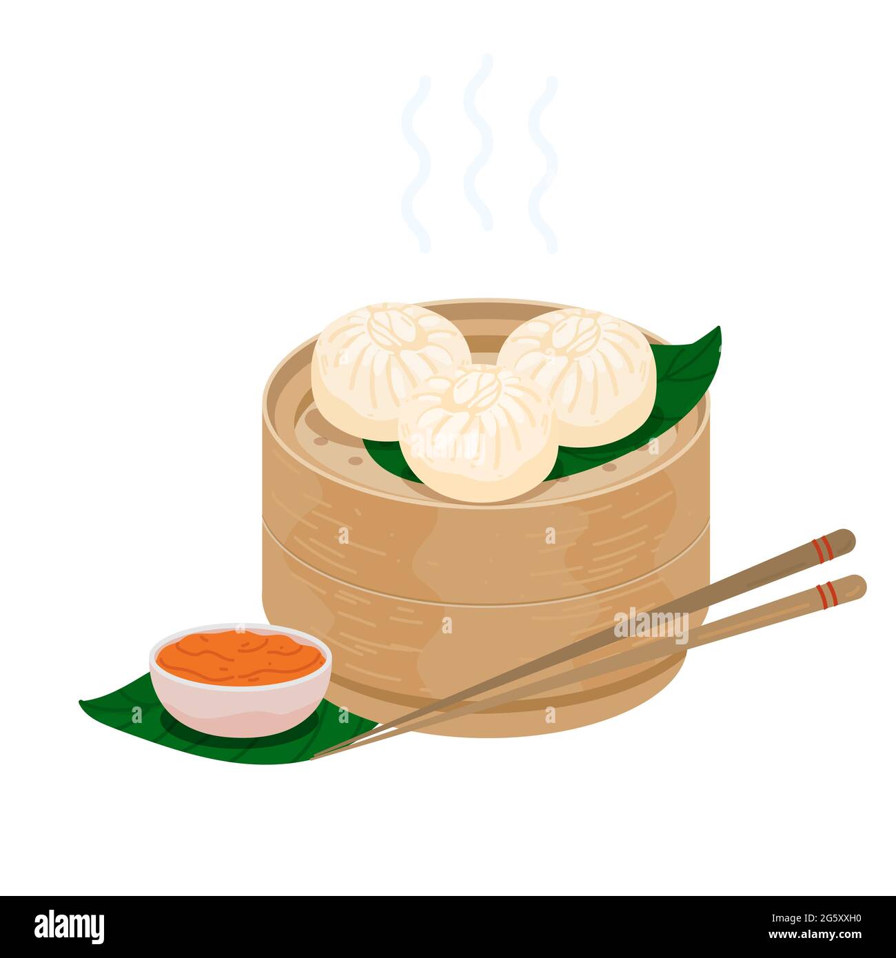 Baozi steamed chinese buns . Momo dumplings in a bamboo wooden steamer basket. Vector illustration of bao zi buns with sticks and chutney sauce. Icon Stock Vector