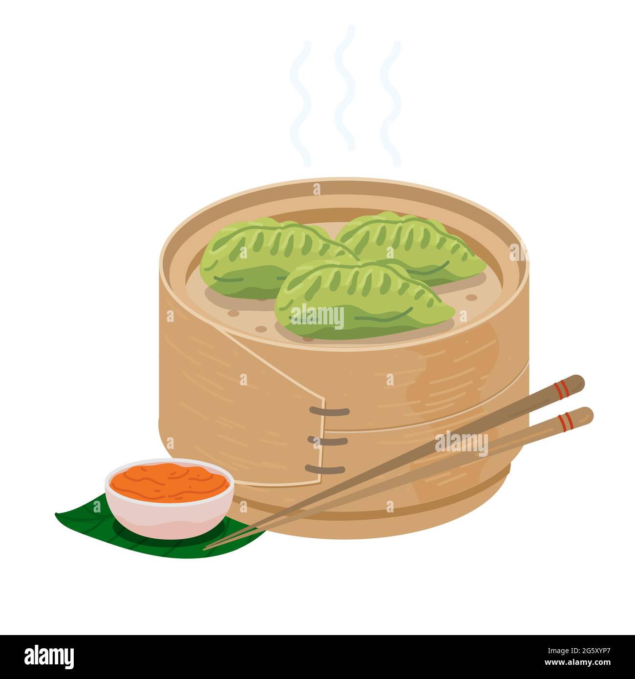 Green momo dumplings in wooden steamer basket. Vegetable spinach steam momos. Green dumplings with chopsticks and chutney sauce. Vector asian dish iso Stock Vector