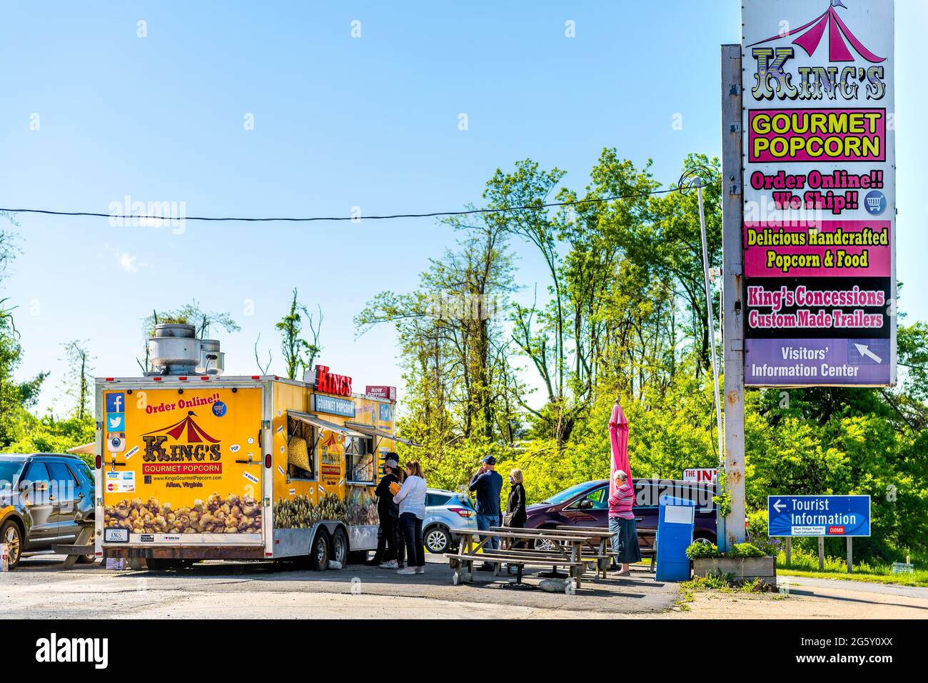 Waynesboro, USA May 8, 2021 Town city in rural Virginia with sign for King's gourmet popcorn