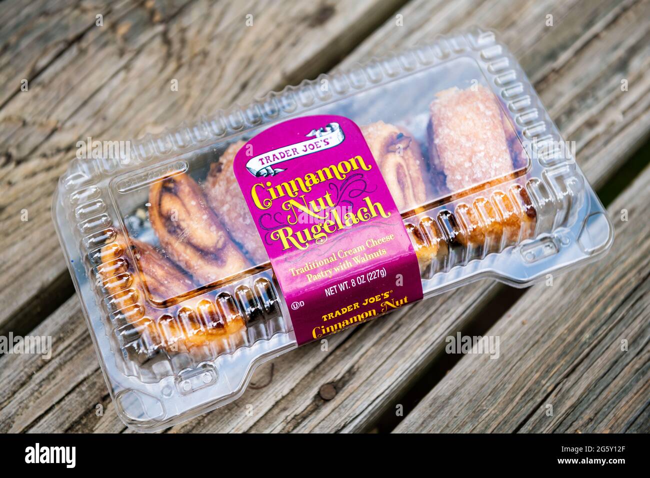Herndon, USA - May 23, 2021: Sign label and product closeup of cinnamon nut Rugelach pastry Jewish dessert storebought at Trader Joe's Stock Photo