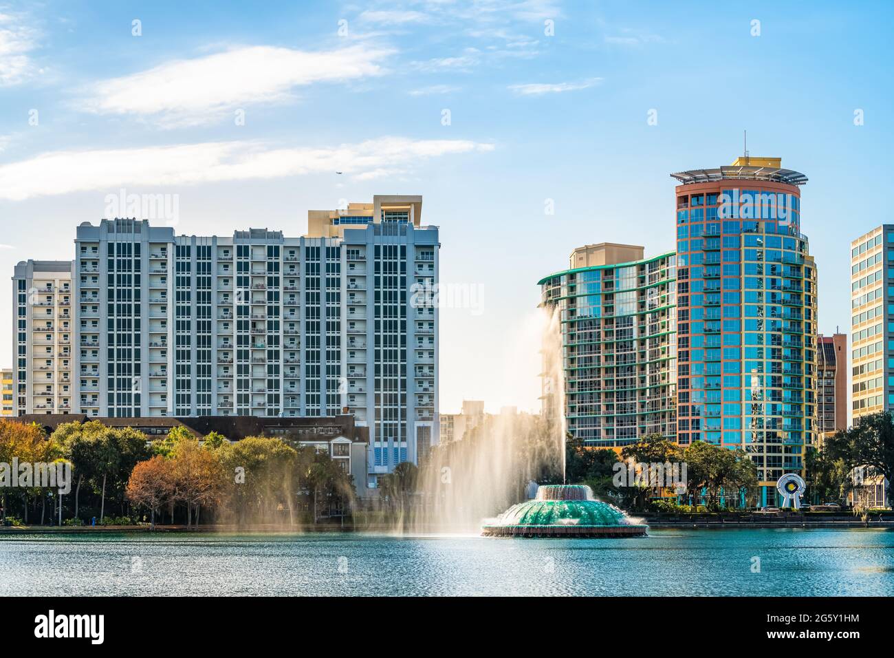 Orlando Florida Skyline & Fountain From Across Lake Eola~Continental  Postcard