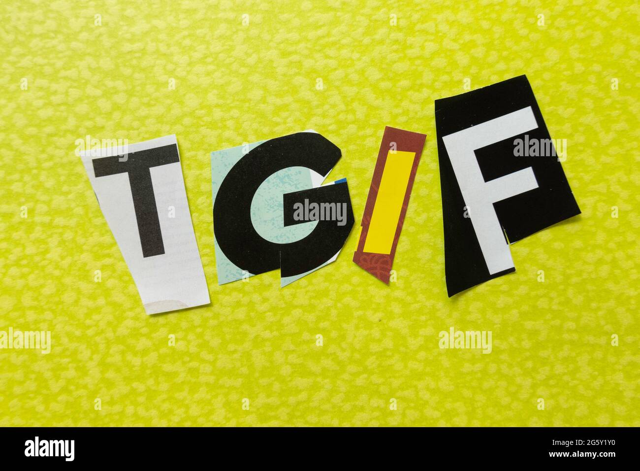 The acronym TGIF is short for 'Thank Goodness It's Friday' and is spelled out in ransom note style typography, USA Stock Photo