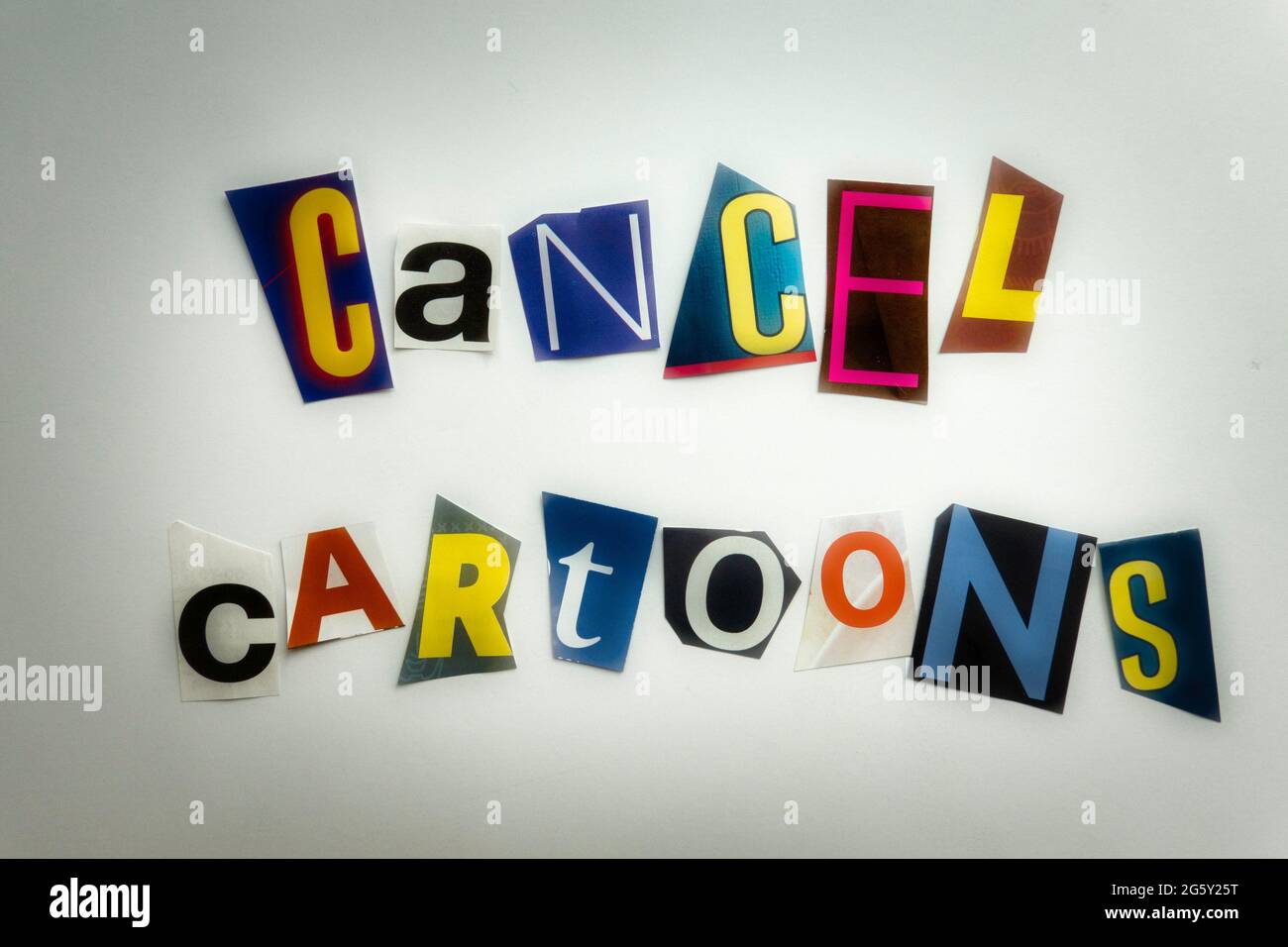 The words 'Cancel Cartoons' using cut-out paper letters in the ransom note effect typography, USA Stock Photo