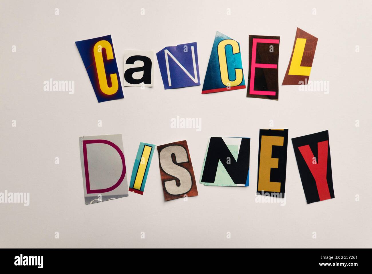 The words 'Cancel Disney' using cut-out paper letters in the ransom note effect typography, USA Stock Photo