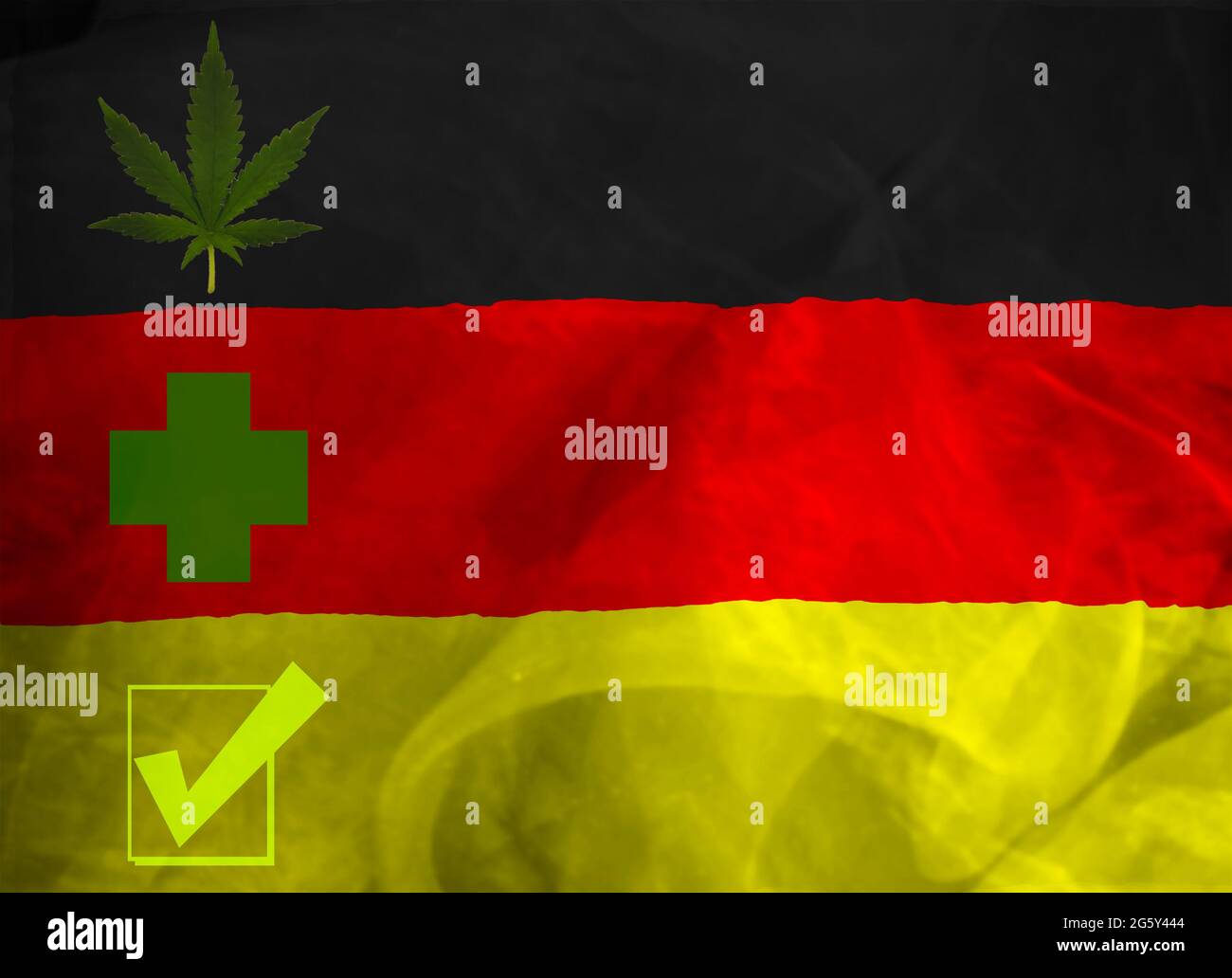 The green leaf of cannabis and the national flag of Germany, the concept of medical cannabis, legalization. Copy space. Stock Photo