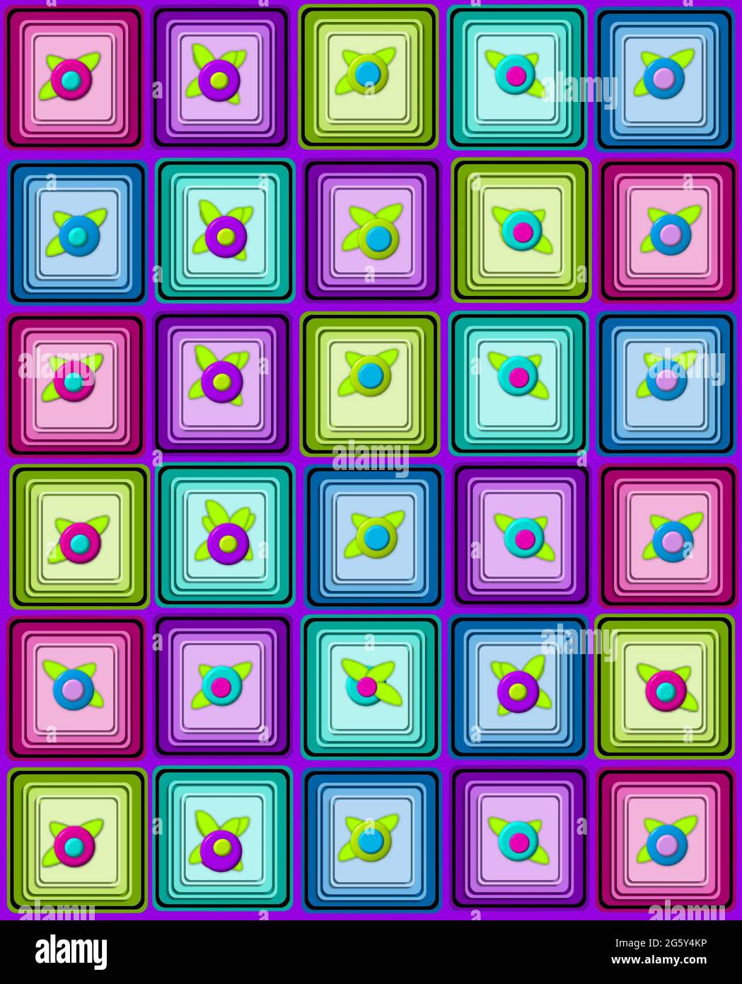 Yummy graphic, petit fours, are layered squares topped with 3D flower.  Background is purple. Stock Photo