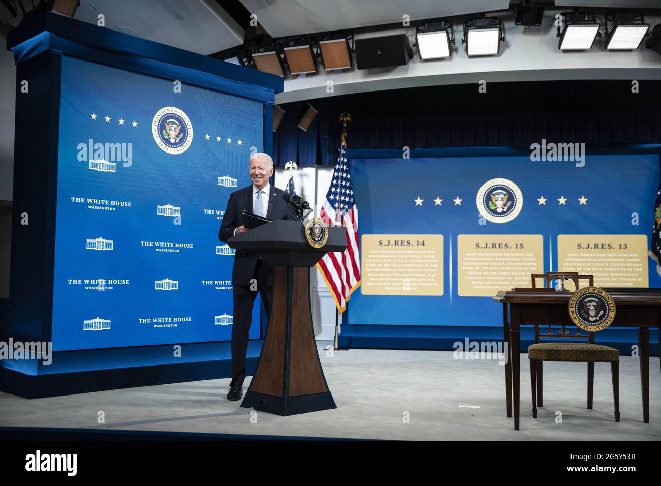 Washington, United States. 30th June, 2021. President Joe Biden delivers remarks before signing the Congressional Review Act bills into law in Washington, DC, on Wednesday, June 30, 2021. The bills aim to reverse Trump era policies related to worker discrimination, methane emissions and the 'True Lender' rule. Photo by Sarah Silbiger/UPI Credit: UPI/Alamy Live News Stock Photo