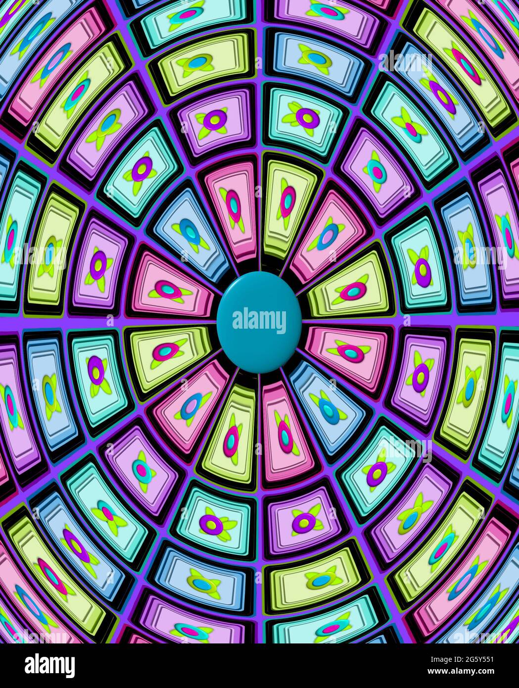 Square Pattern Around Center Colorful squares are decorated with flowers. Squares fan out from blue ...