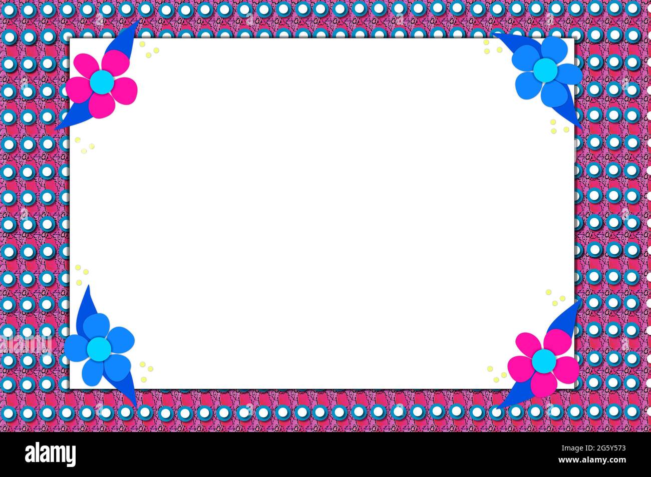 Scrapbooking background has pink print layer, topped by rows of blue and white polka dots.  Blank, white rectangle, is secured in each corner by large Stock Photo