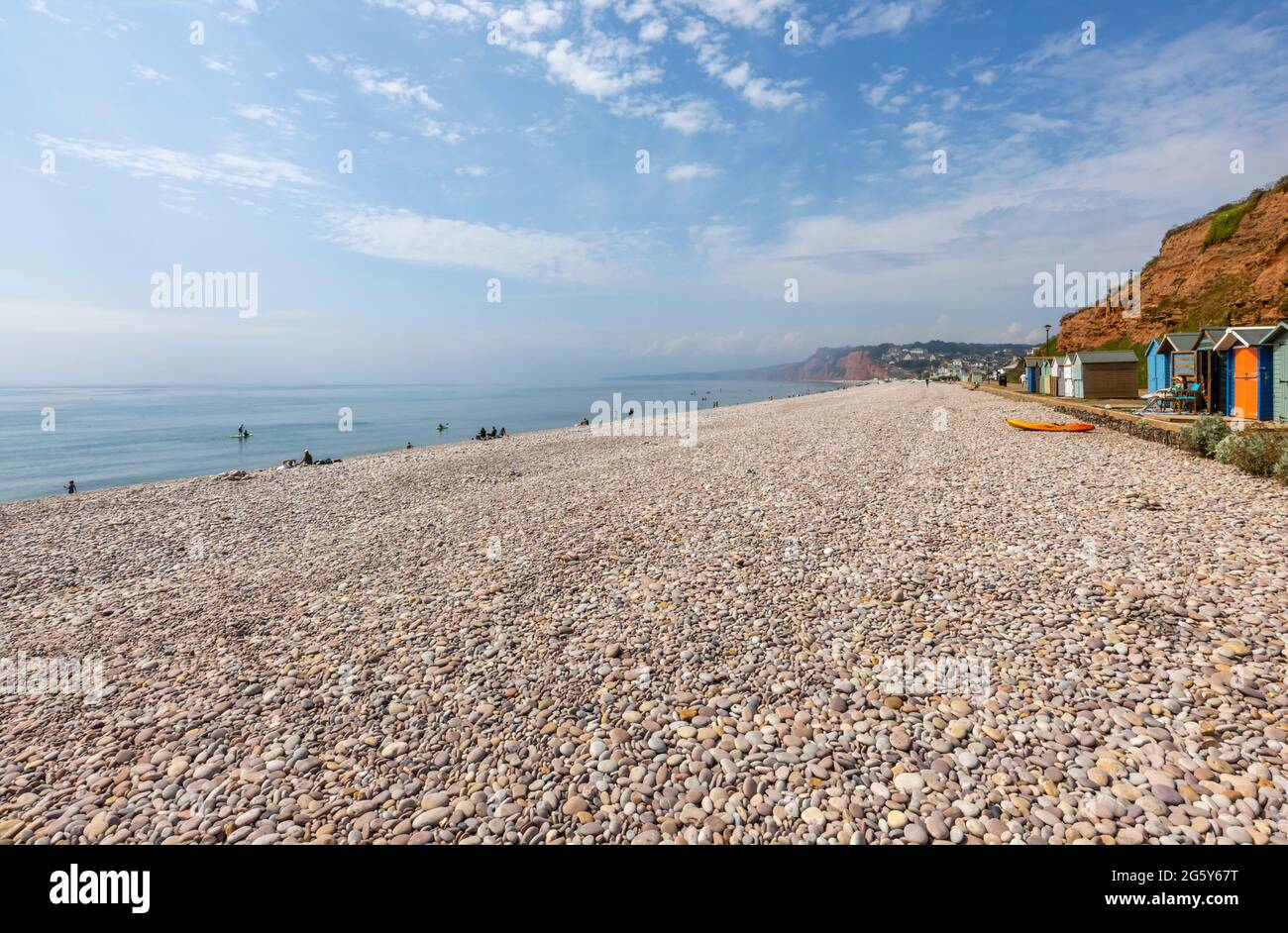 Pebble beach and colourful huts in Budleigh Salterton, a picturesque