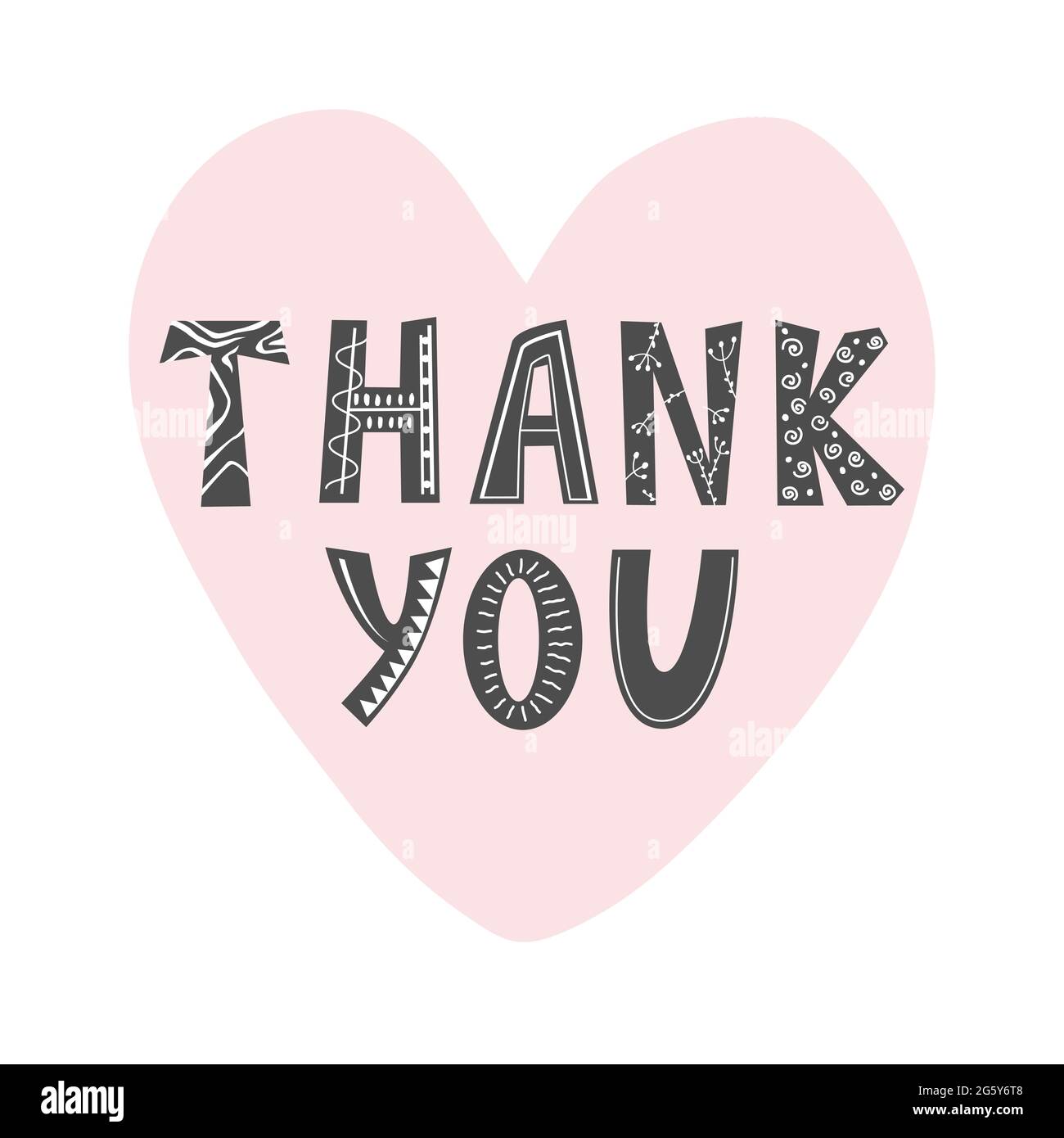 Hand drawn lettering Thank You in Scandinavian Style on heart shape background. Design for print