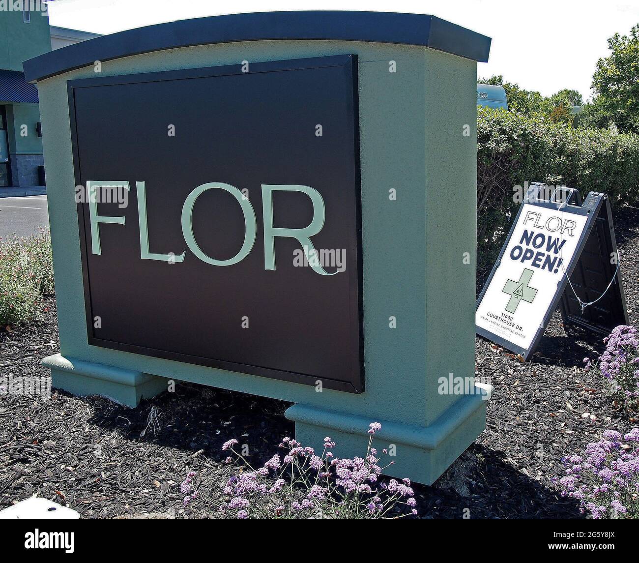 Flor marijuana dispensary sign in Union Landing Shopping Center in