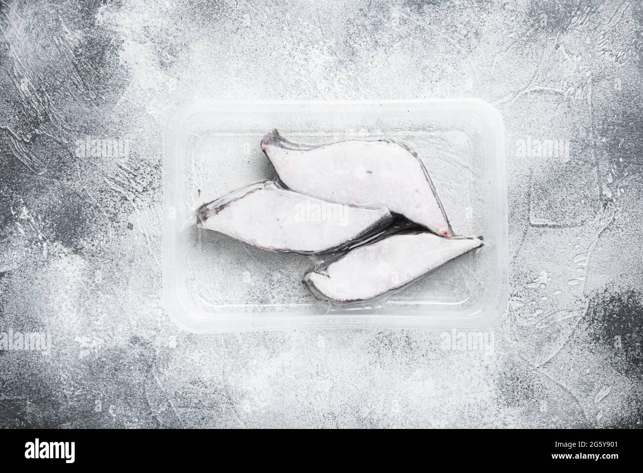 Fish fillet frozen pack set, on gray stone table background, top view ...
