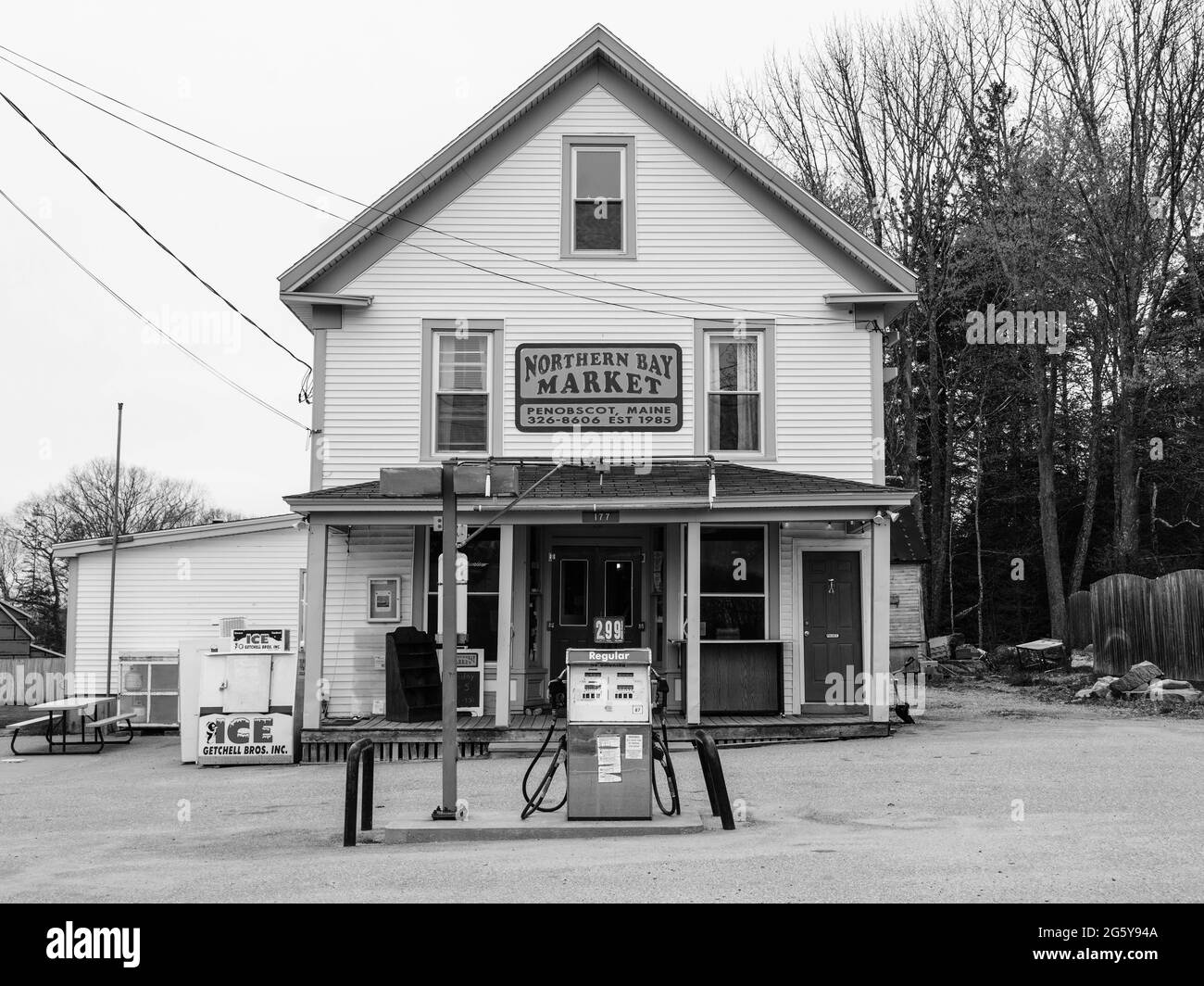 Northern Bay Market, an old store and gas station in Penobscot, Maine