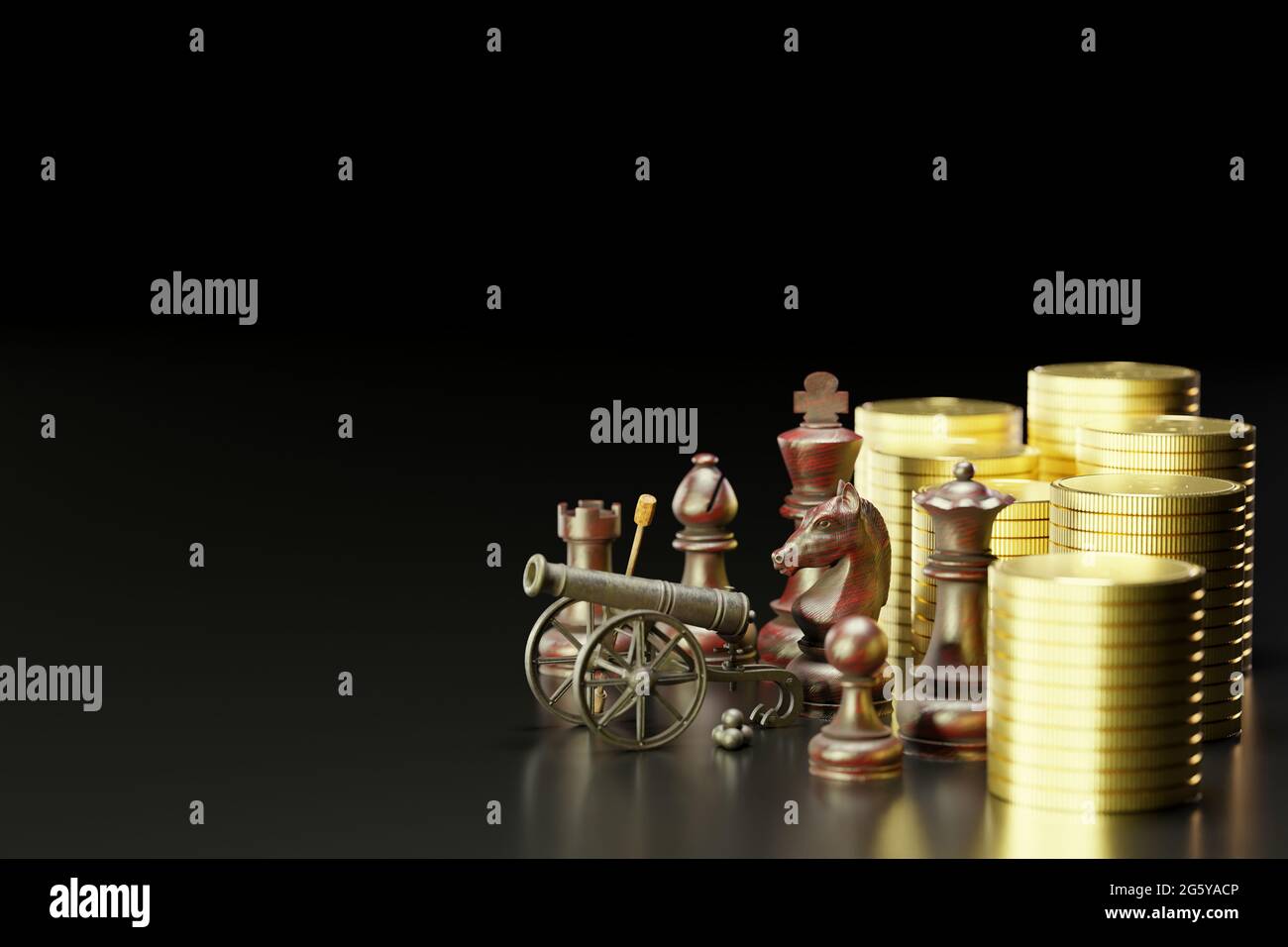 Old rusted cannon on carriage and cannonballs are placed next to it. There are chess and gold coins stacked in a dark background. Concept of business Stock Photo