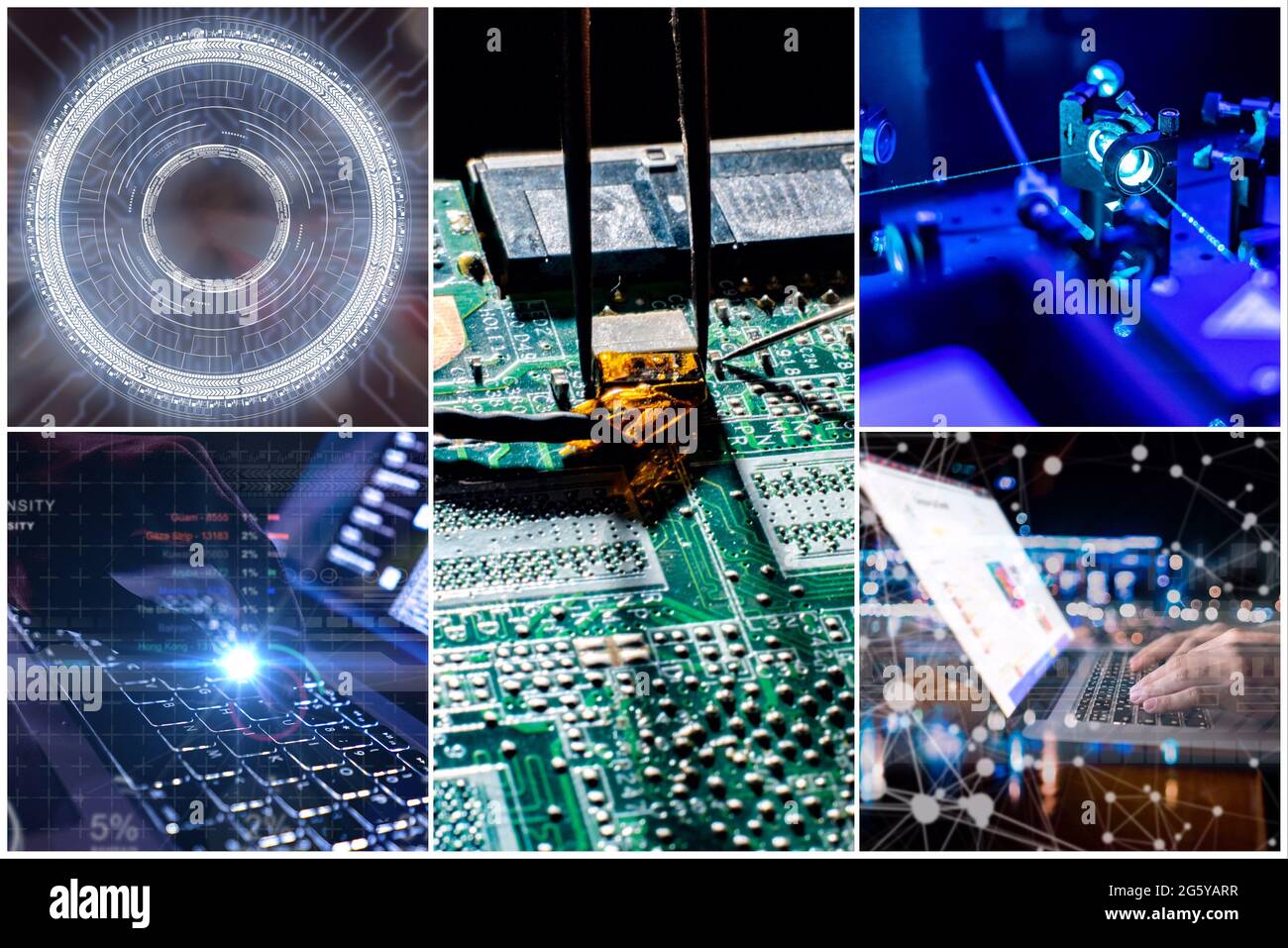 Collage Of Five Photos Of Modern New Smart Technologies Theme Stock