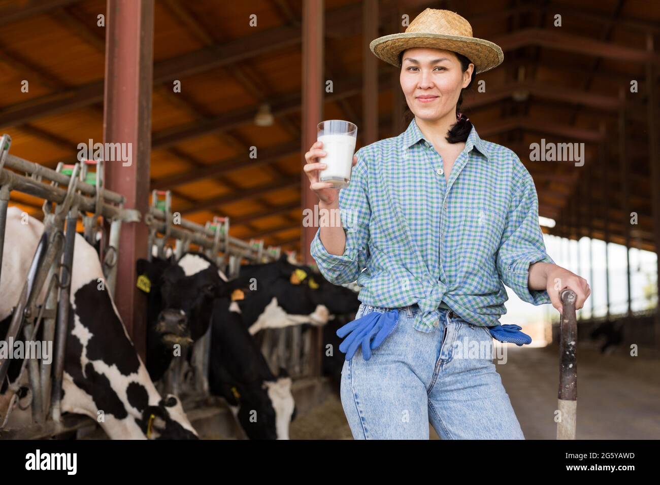 Portrait of a positive kazakh farmer woman in a cowshed, holding a ...