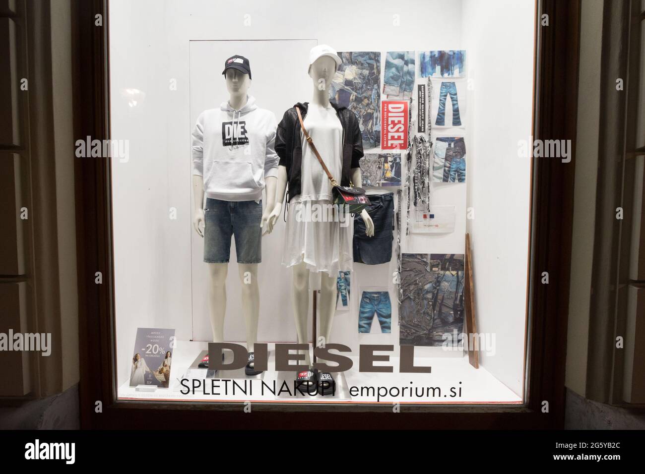 Picture of a sign with the Diesel on their shop for Ljubljana. Diesel is a  clothing retailer from Italy selling denim, jeans and other clothing, footw  Stock Photo - Alamy
