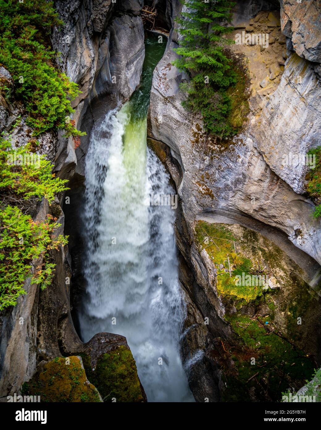 Waterfall of the Maligne River in the Maligne Canyon at First Bridge in Jasper National Park of the Rocky Mountains, Alberta, Canada Stock Photo