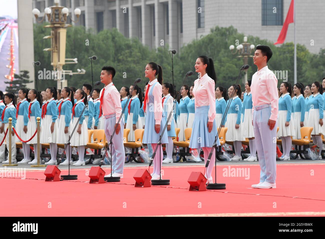 Beijing, China. 1st July, 2021. Representatives of the Chinese Communist Youth League members and Young Pioneers salute the Communist Party of China (CPC) and express commitment to the Party's cause at a ceremony marking the CPC centenary at Tian'anmen Square in Beijing, capital of China, July 1, 2021. Credit: Zhai Jianlan/Xinhua/Alamy Live News Stock Photo