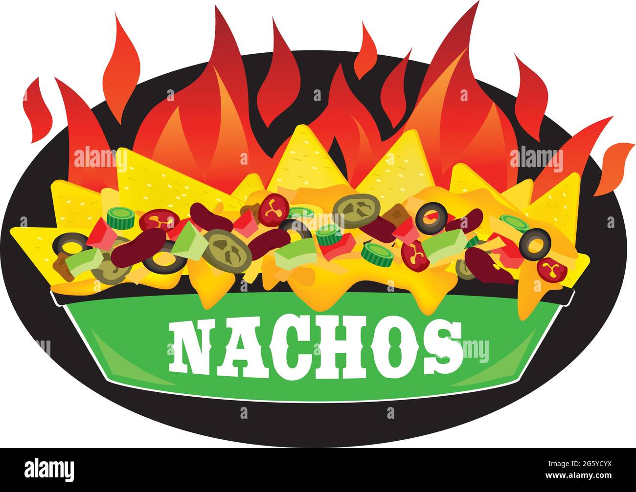Delicous fire Supreme loaded cheese mexican nachos plate side view illustration vector Stock Vector
