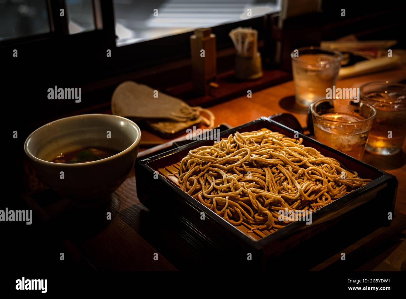A traditional lunch of cold ramen noodles sits on a tabletop in the Roppongi suburb of Tokyo