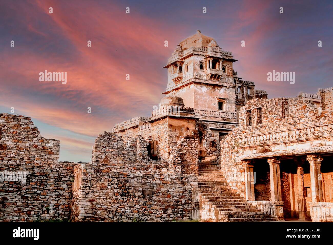 The Chittorgarh Fort is one of the largest forts in India. It is a UNESCO World Heritage Site. The fort was the capital of Mewar. Stock Photo