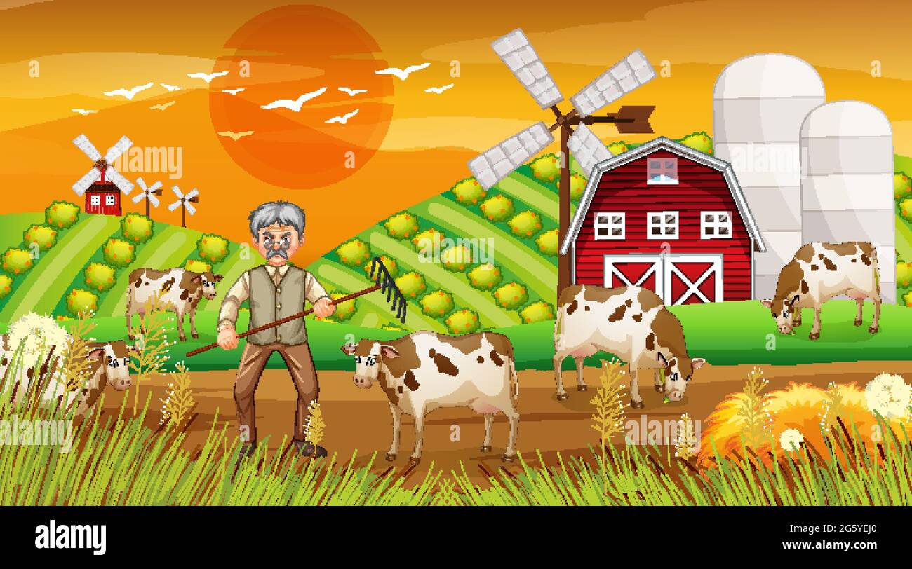 Farm at sunset time scene with old farmer man and farm animals ...