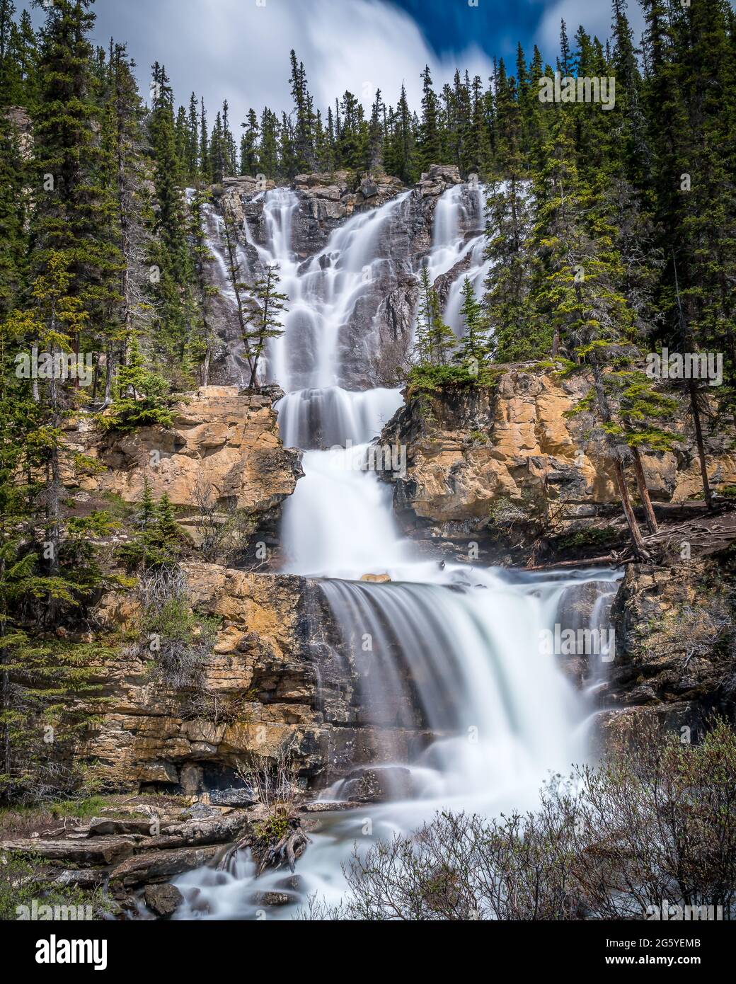 Long Exposure Photo of Tangle Falls in Jasper National Park, Alberta, Canada Stock Photo
