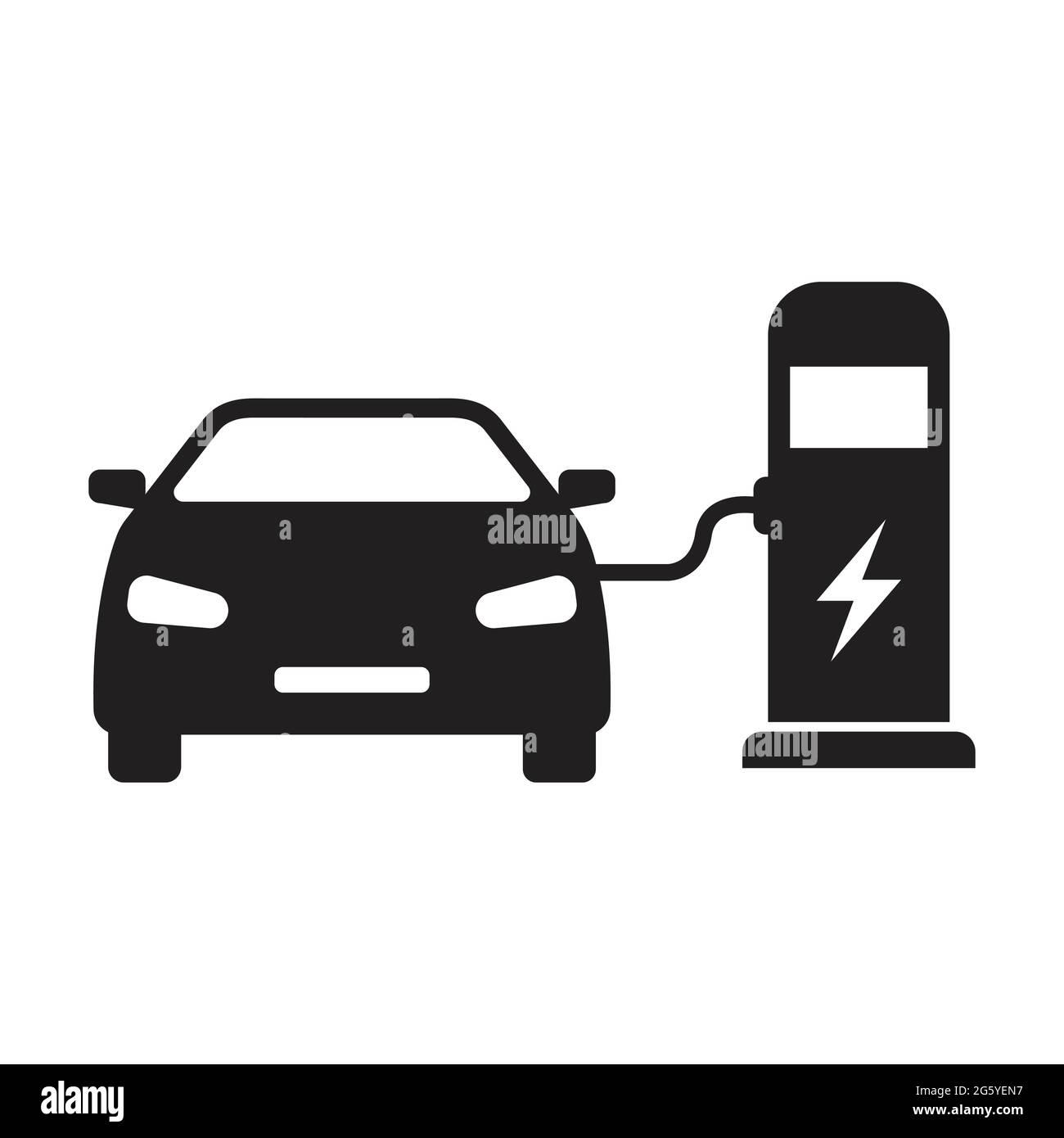 Green Electric Car Is Charging At The Station Flat Vector Illustration