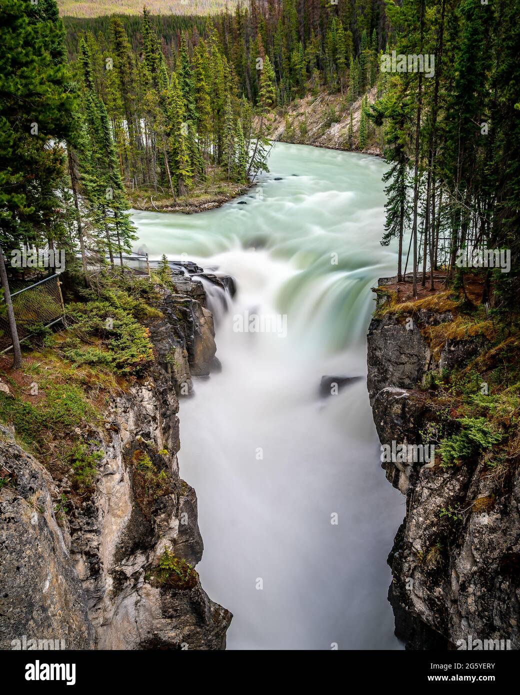 Long Exposure Photo of the turquoise water of the Sunwapta River as it tumbles down Sunwapta Falls in Jasper National Park in the Canadian Rocky Mount Stock Photo