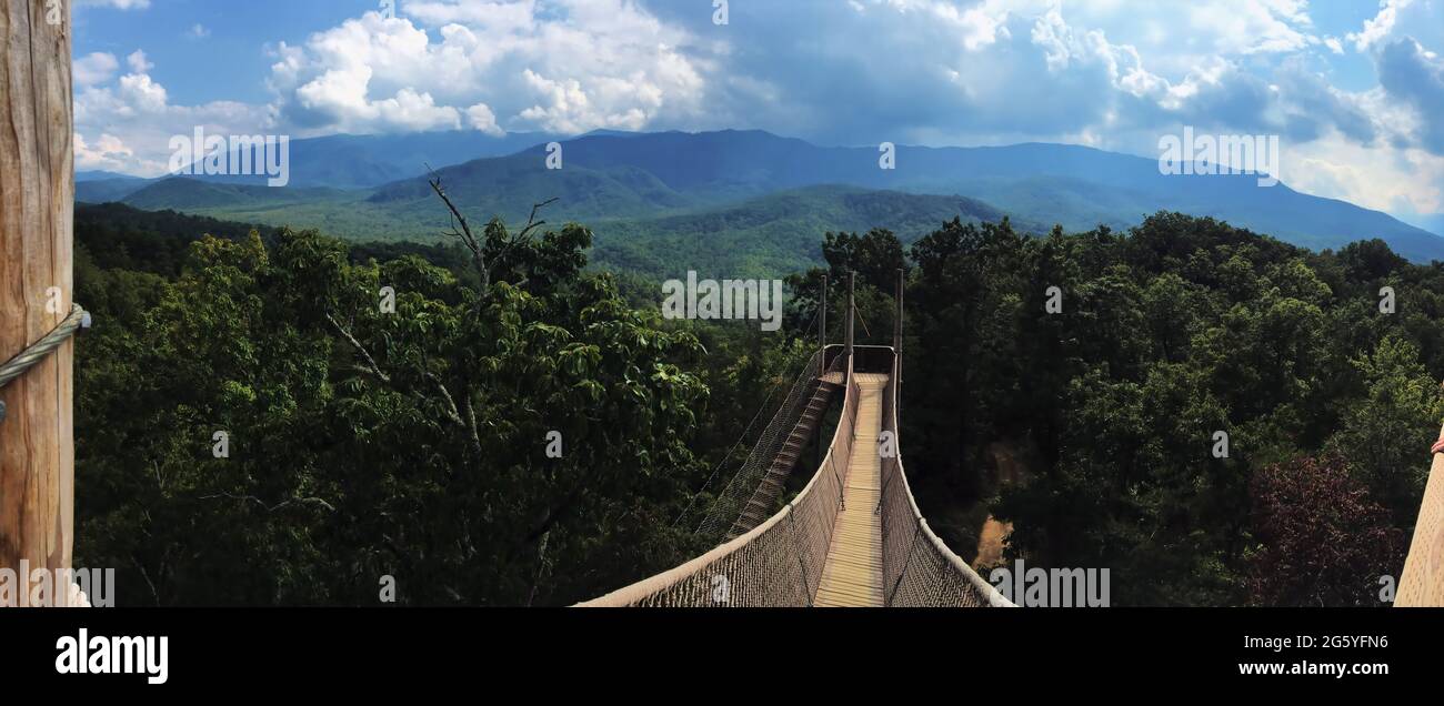 Roap bridge in the Tennessee mountains used for zip-lining fun Stock Photo
