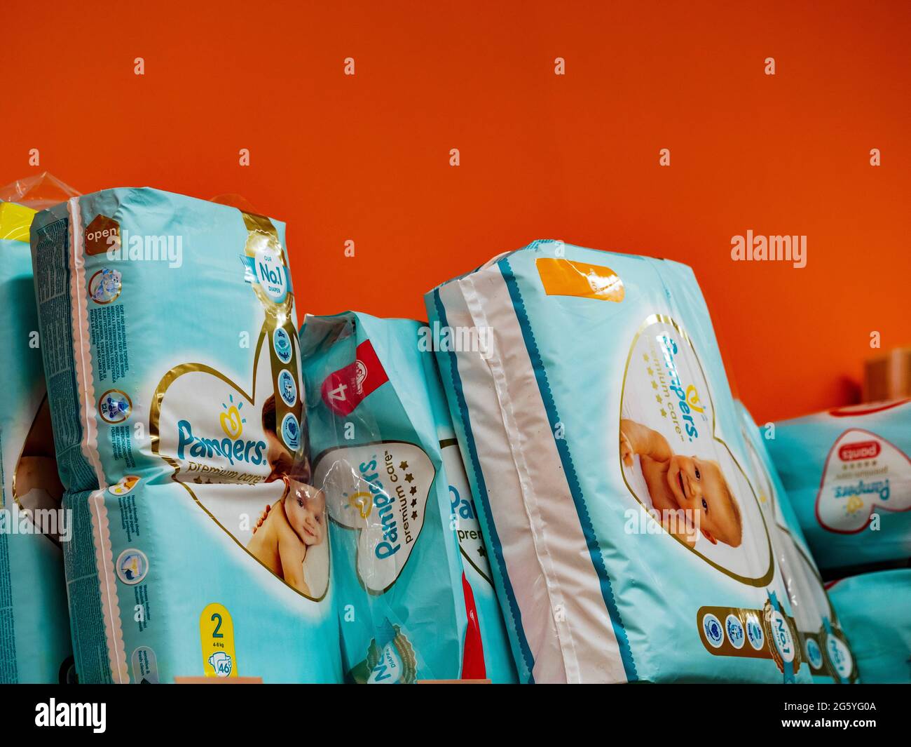 Ukraine. 30th June, 2021. In this photo illustration Pampers Diapers seen  displayed on a store shelf. (Photo by Igor Golovniov/SOPA Images/Sipa USA)  Credit: Sipa USA/Alamy Live News Stock Photo - Alamy