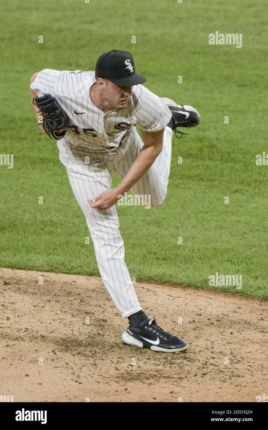 Chicago White Sox relief pitcher Garrett Crochet throws against