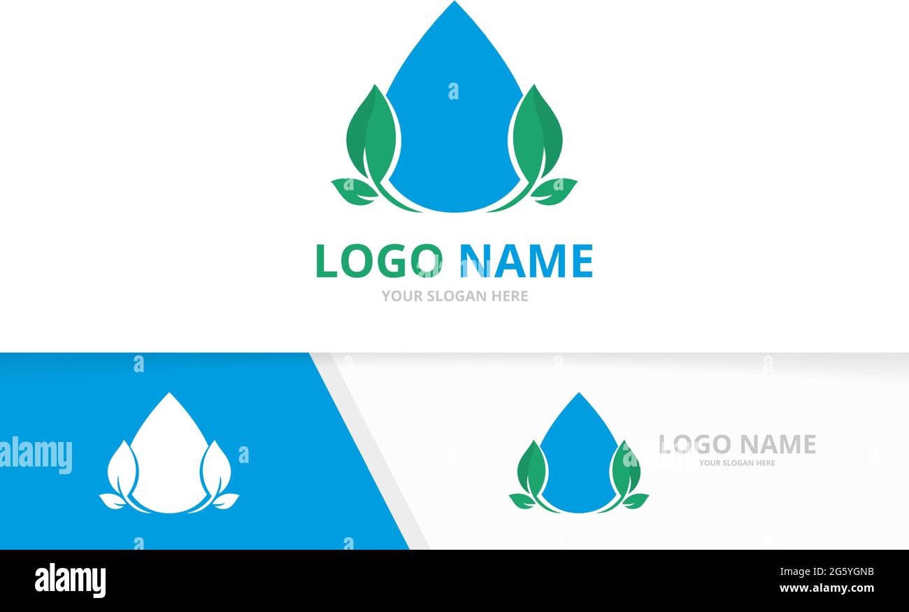 Water droplet and leaves logo. Unique clean aqua logotype design template. Stock Vector