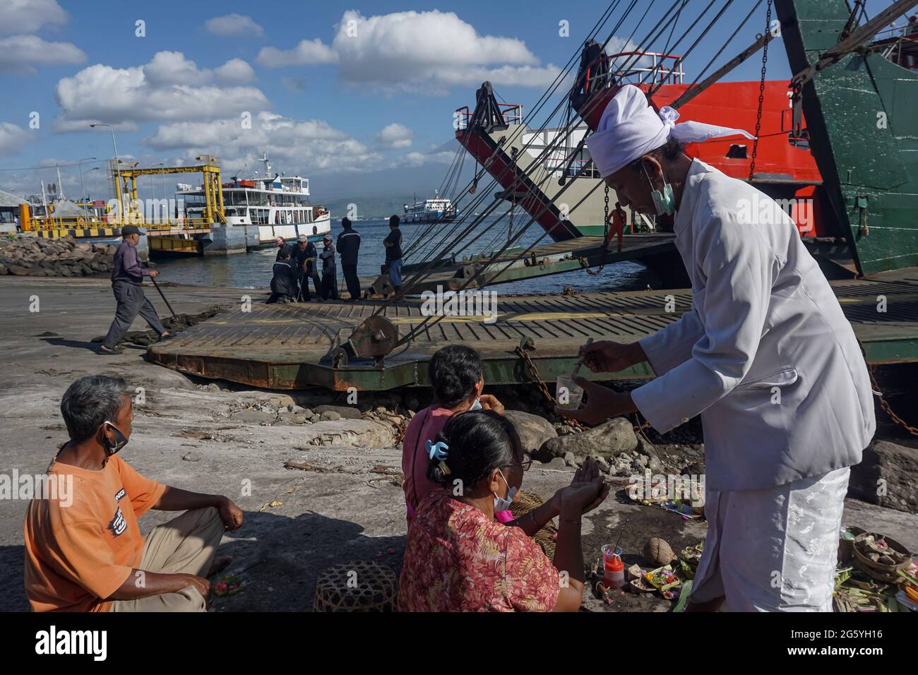 Jembrana, Bali, Indonesia. 30th June, 2021. Family and relatives from the missing victims of the sunken ship held a Balinese Hindu prayer at Gilimanuk harbor. Passenger's Ferry KMP Yunicee from Banyuwangi Ketapang harbor to Bali Gilimanuk sinks in Bali strait on June 29, 2021. 11 people still missing and 7 reported died. (Credit Image: © Dicky BisinglasiZUMA Wire) Credit: ZUMA Press, Inc./Alamy Live News Stock Photo