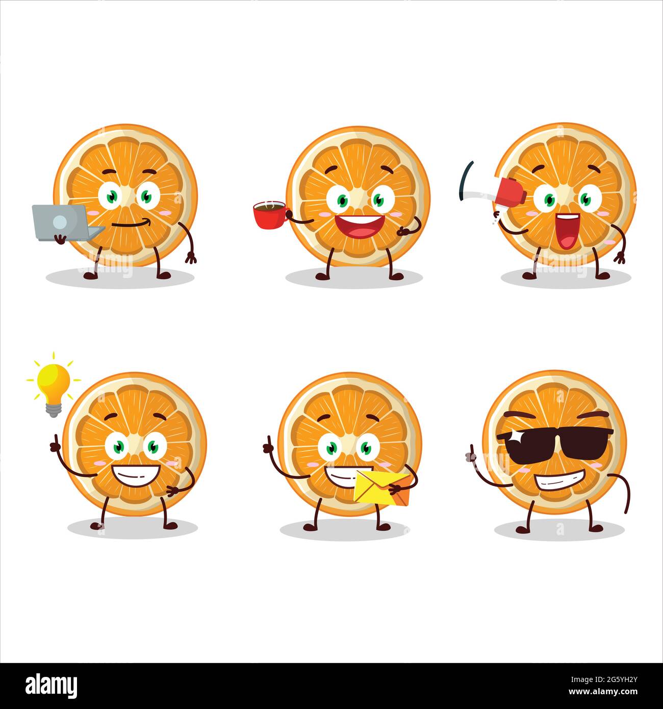 Slice of tangerine cartoon character with various types of business