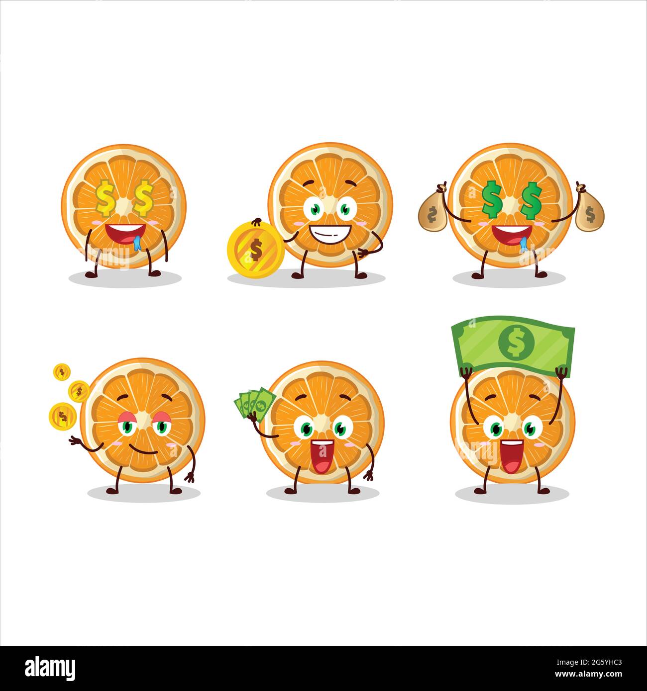 Slice of tangerine cartoon character with cute emoticon bring money. Vector illustration Stock