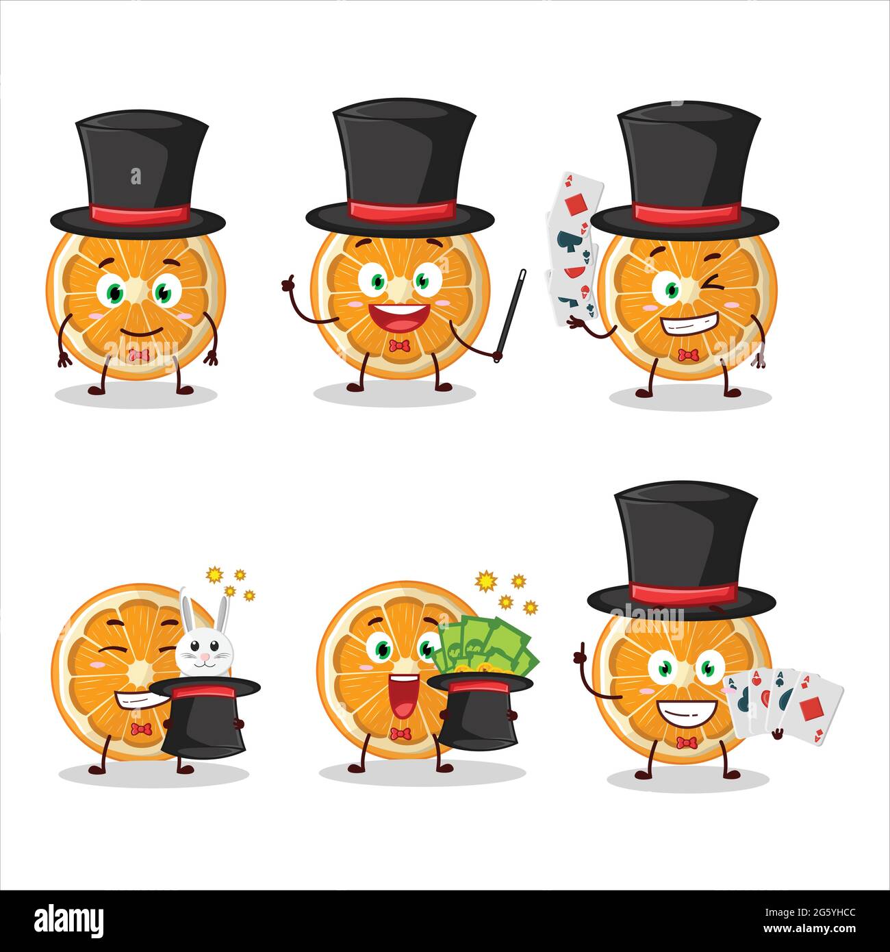 A slice of tangerine Magician cartoon character perform on a stage. Vector illustration Stock