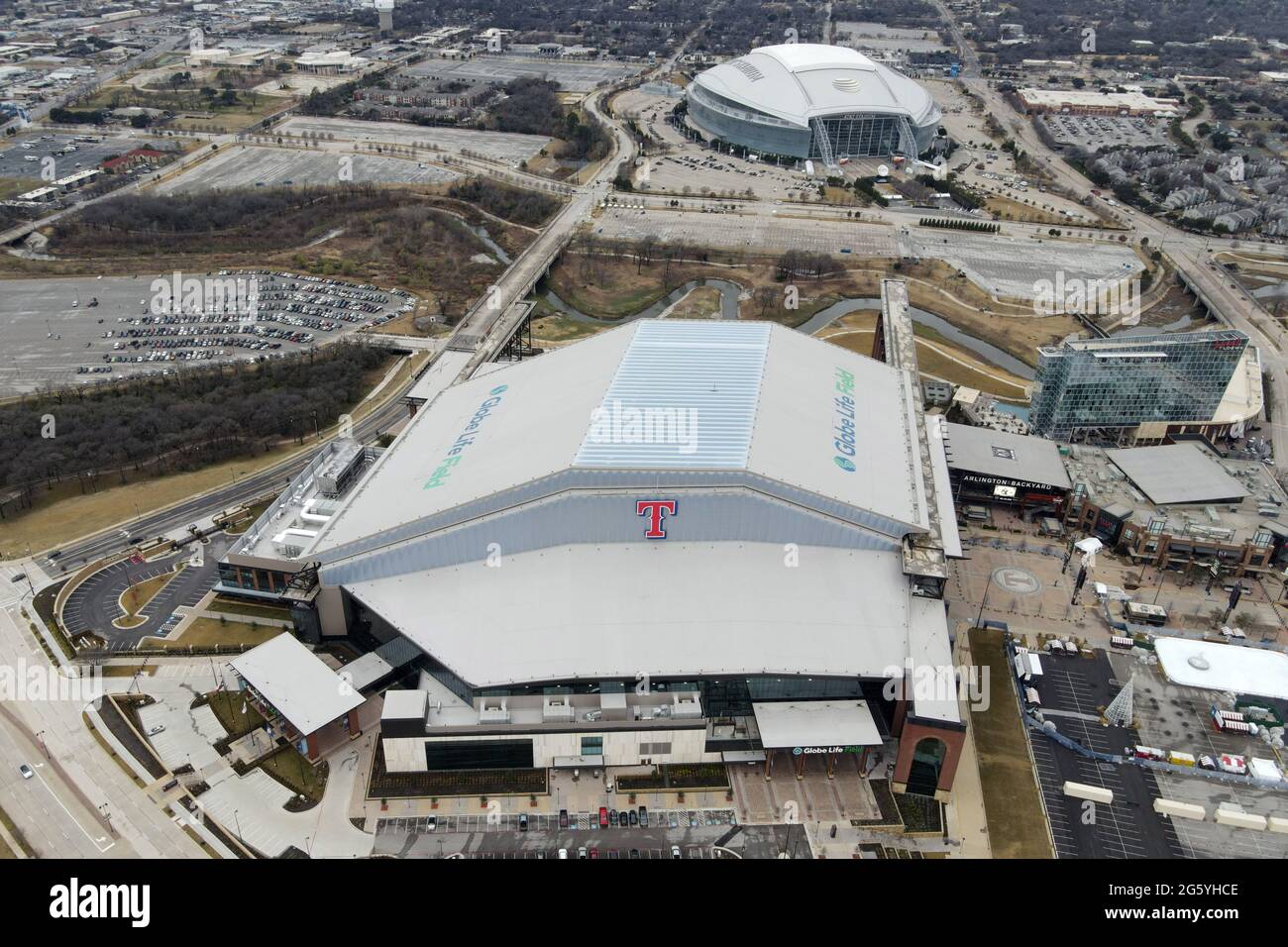 An aerial view of Globe Life Field and AT&T Stadium, Friday, Jan. 1, 2021, in Arlington, Tex. Stock Photo