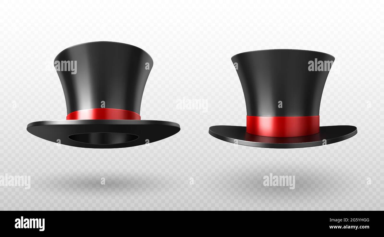 Magician top hat, black vintage cylinder cap with red bow and high crown front view isolated on transparent background. Circus performer headwear for magic tricks, Realistic 3d vector illustration Stock Vector