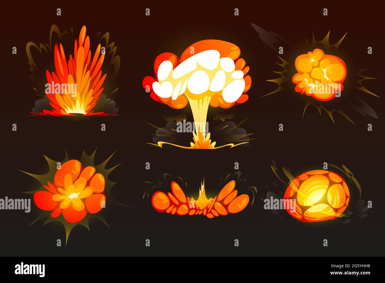 Cartoon bomb explosion set. Clouds, boom effect and smoke elements for ui game design. Dynamite danger explosive detonation, atomic comics fire detonators for mobile animation isolated vector icons Stock Vector