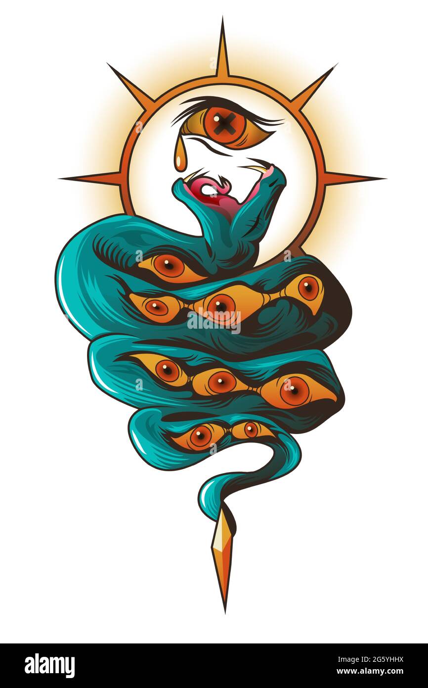 Tattoo with snake and eyes. Dangerous serpent catching tear with open mouth and sharp fangs over sun with pointed rays, spiritual symbol isolated on white background, Cartoon vector illustration Stock Vector Image Tattoo with snake and eyes. Dangerous serpent catching tear with open mouth and sharp fangs over sun with pointed rays, spiritual symbol isolated on white background, Cartoon vector illustration Stock Vector Image