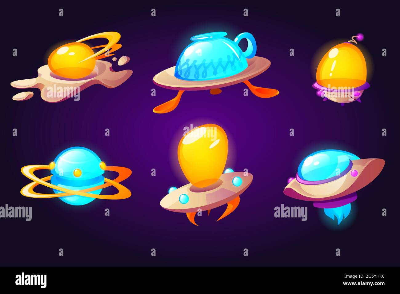 Ufo, alien space ships scrambled eggs, cup and plate with spoons rockets. Fantasy bizarre shuttles, computer game ui graphic design elements, cosmic collection of funny spaceships Cartoon vector set Stock Vector