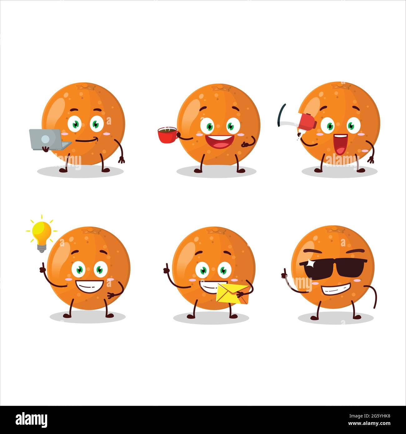 Tangerine cartoon character with various types of business emoticons. Vector illustration Stock