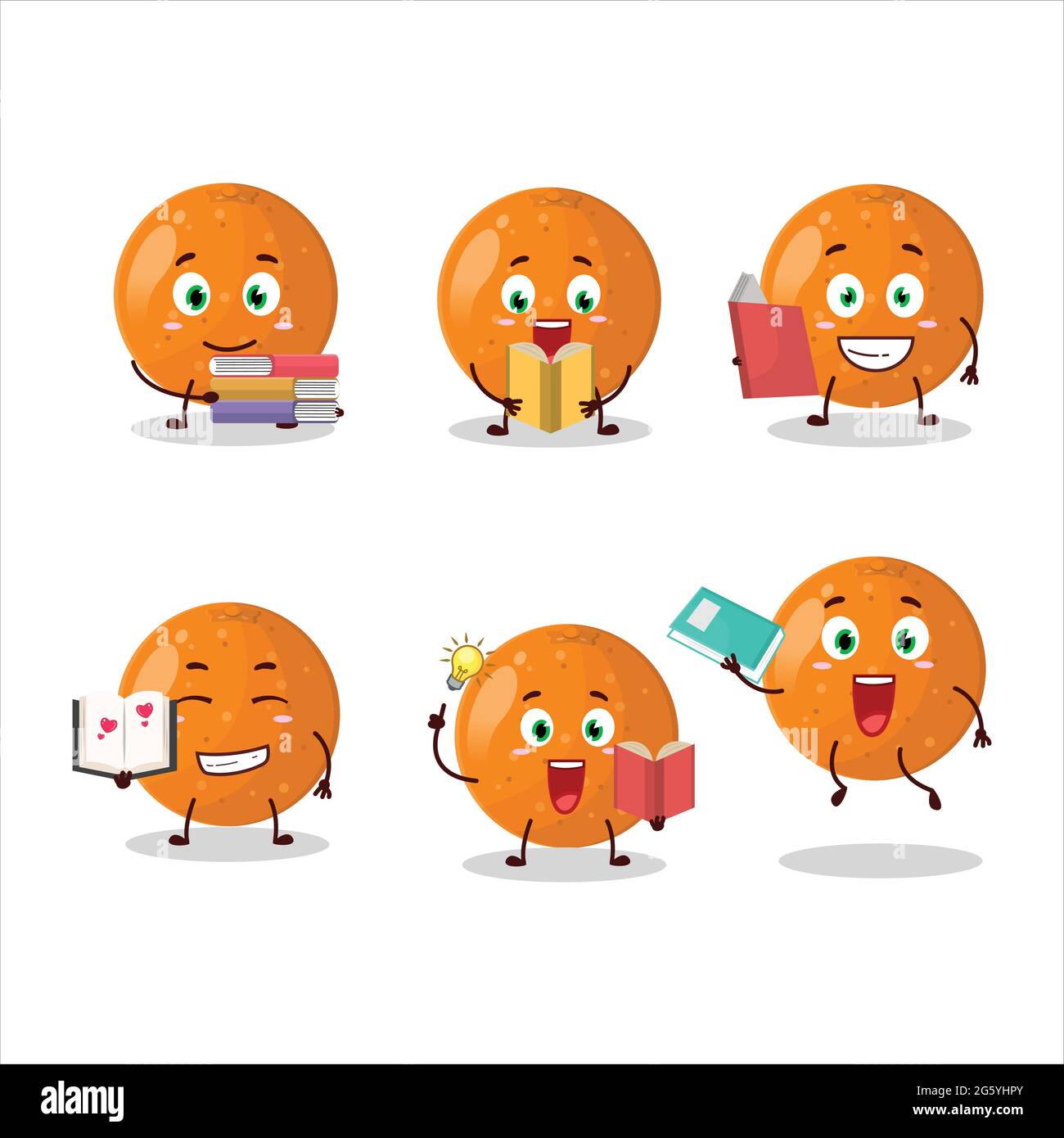 A picture of tangerine cartoon character concept reading an amusing book. Vector illustration