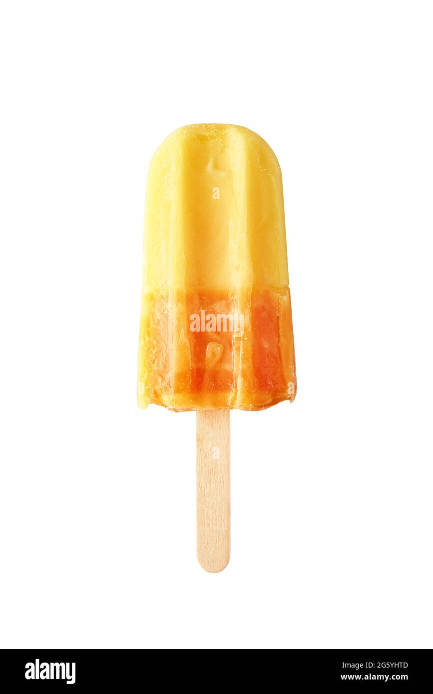 Yellow ice cream on isolated on white background. Fresh frozen ice popsicle. Summer food Stock Photo