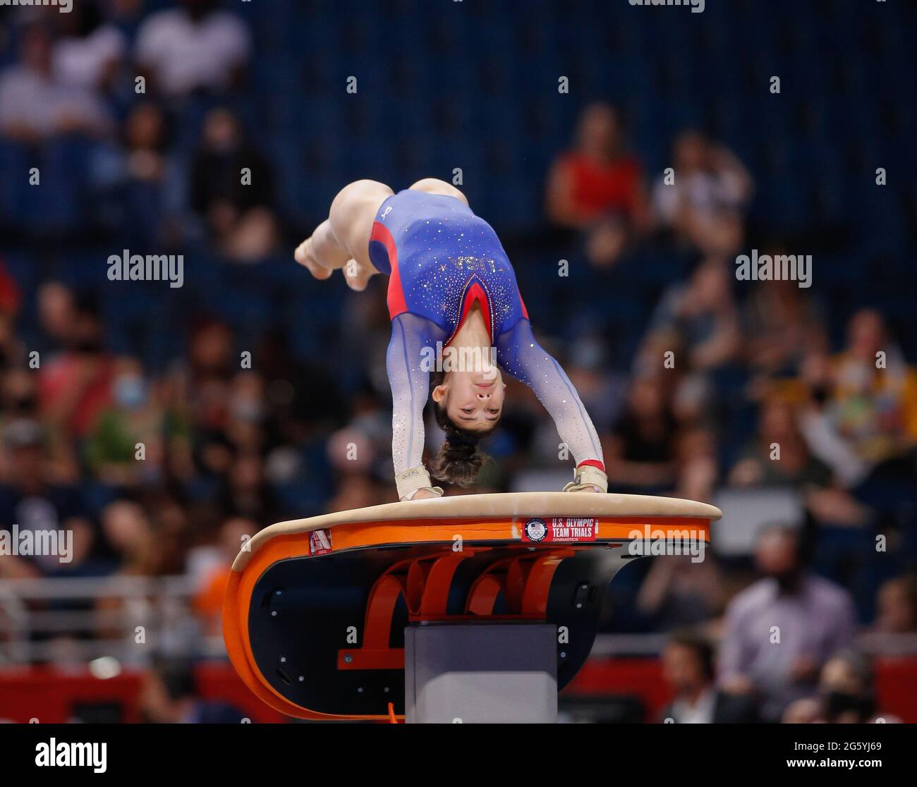 June 25, 2021: Kayla DiCello performs her vault during Day 1 of the 2021 U.S. Women's Gymnastics Olympic Team Trials at the Dome at America's Center in St. Louis, MO. Kyle Okita/CSM Stock Photo