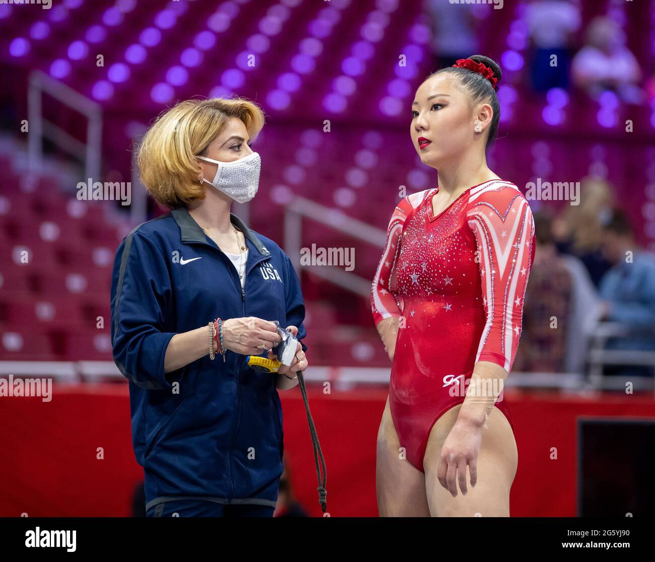 June 25, 2021: Kara Eaker converses with her coach, Armine Barutyan, during warmups for Day 1 of the 2021 U.S. Women's Gymnastics Olympic Team Trials at the Dome at America's Center in St. Louis, MO. Kyle Okita/CSM Stock Photo