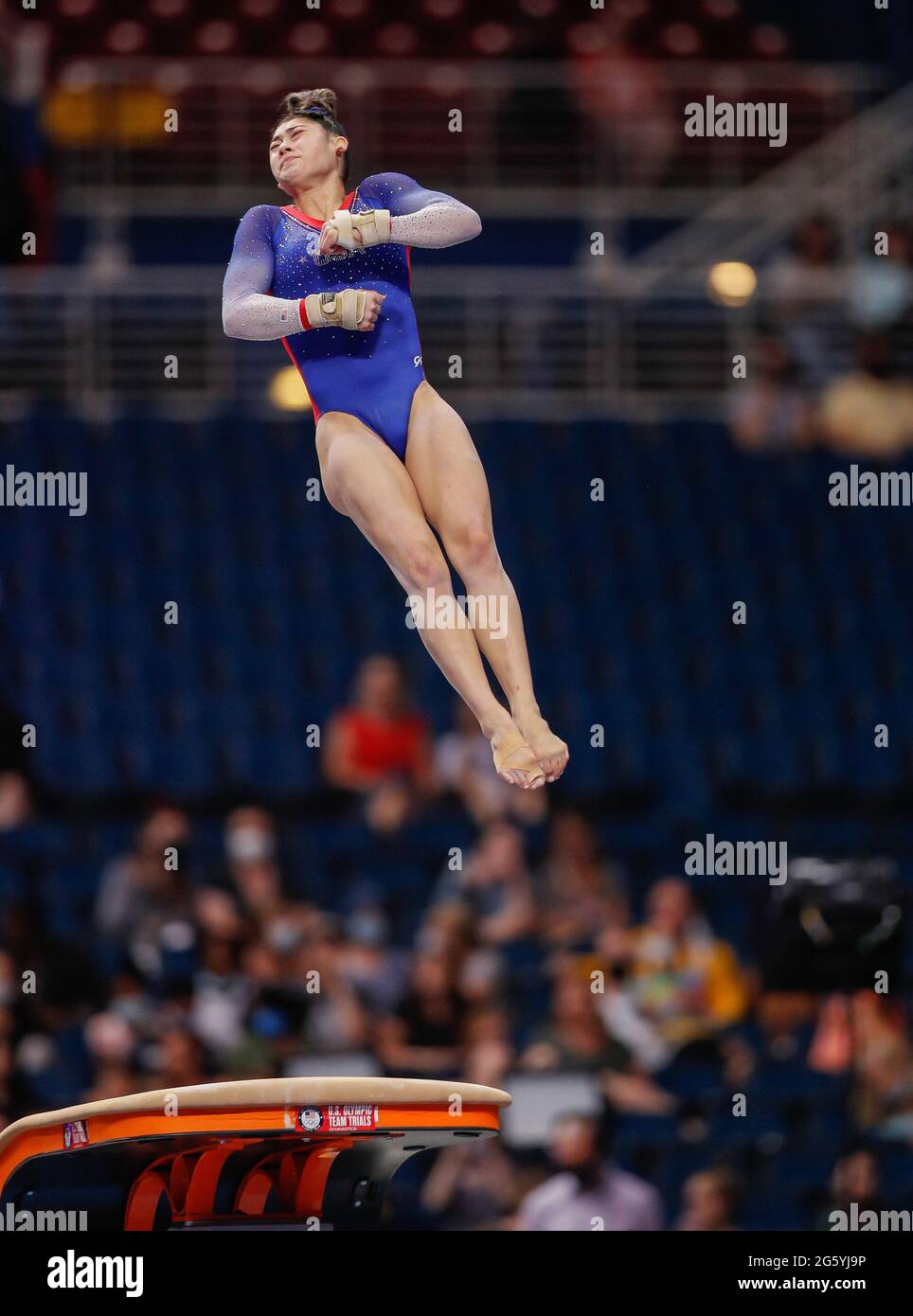 June 25, 2021: Kayla DiCello twists in the air during her vault at Day 1 of the 2021 U.S. Women's Gymnastics Olympic Team Trials at the Dome at America's Center in St. Louis, MO. Kyle Okita/CSM Stock Photo